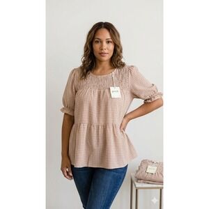 Perch by Blu Pepper Gingham Smocked Babydoll Top Tan White 3XL PB1ST1198